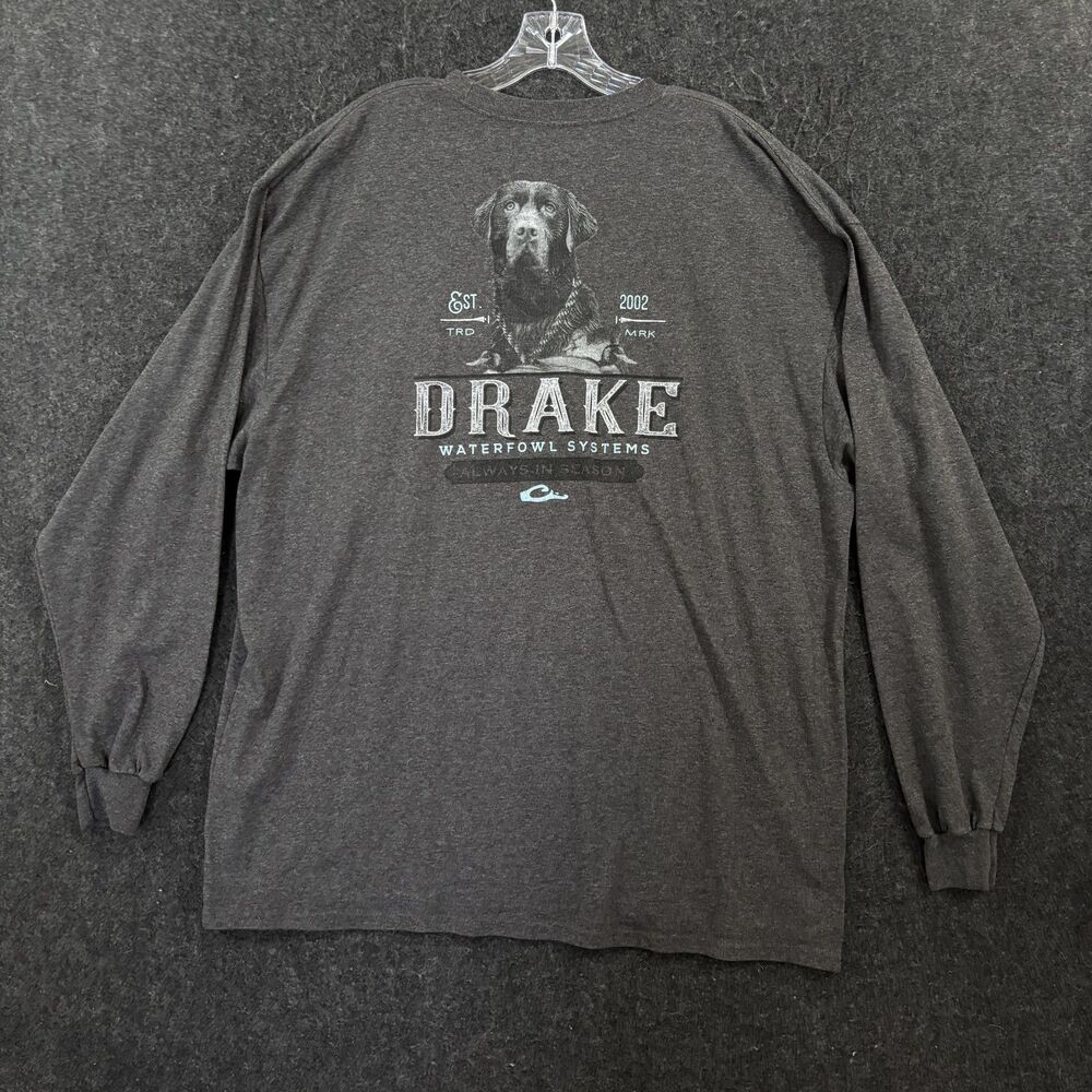 Drake Waterfowl Systems Shirt Men's XXL Gray Dog Graphic Pocket Long Sleeve